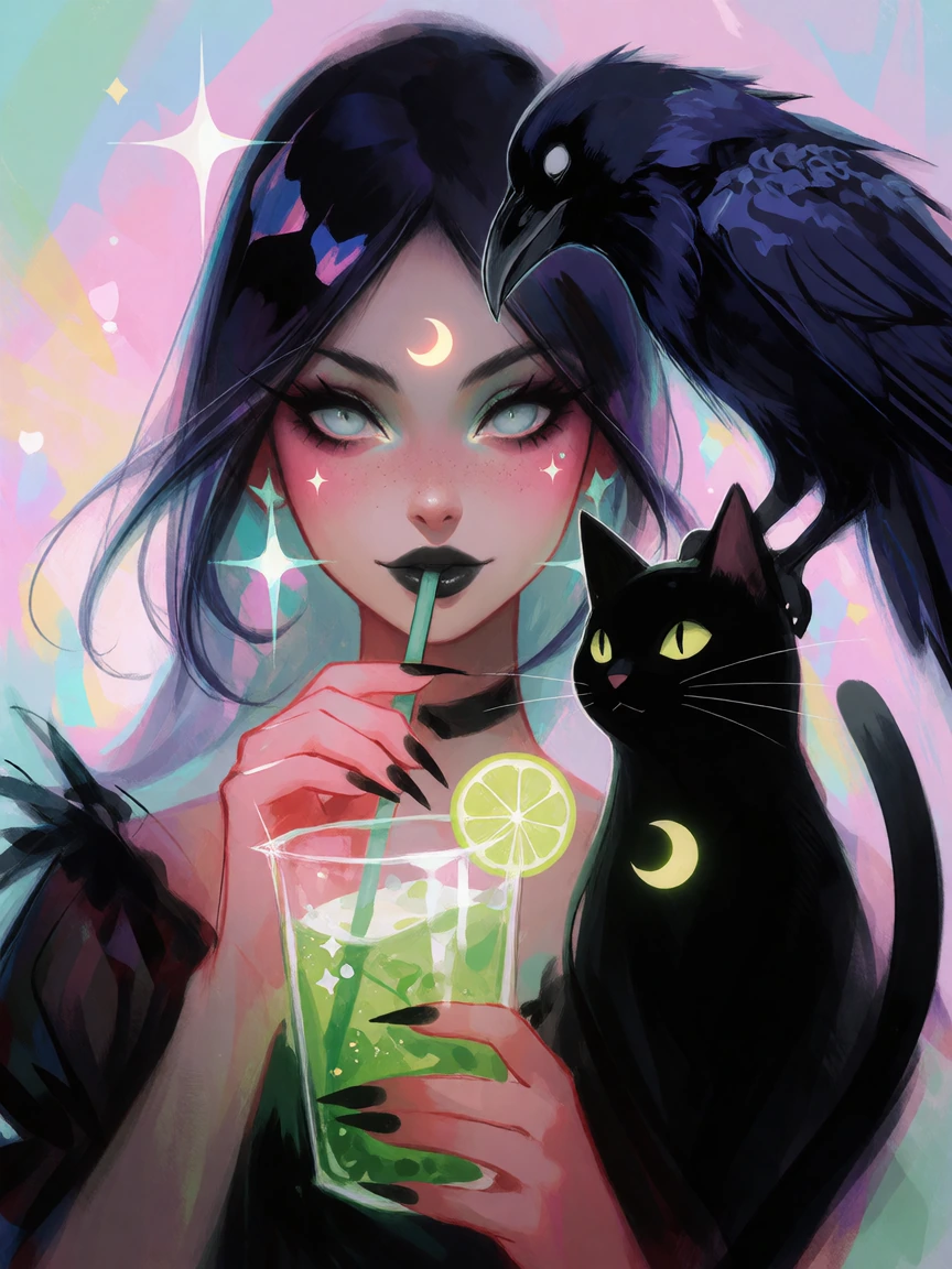 Drink the green poison. Beneath the raven’s lifeless gaze, Your soul is at its mercy. 💀🍸🌒 beautiful witch with her cat. add some pastel sparkly highlights