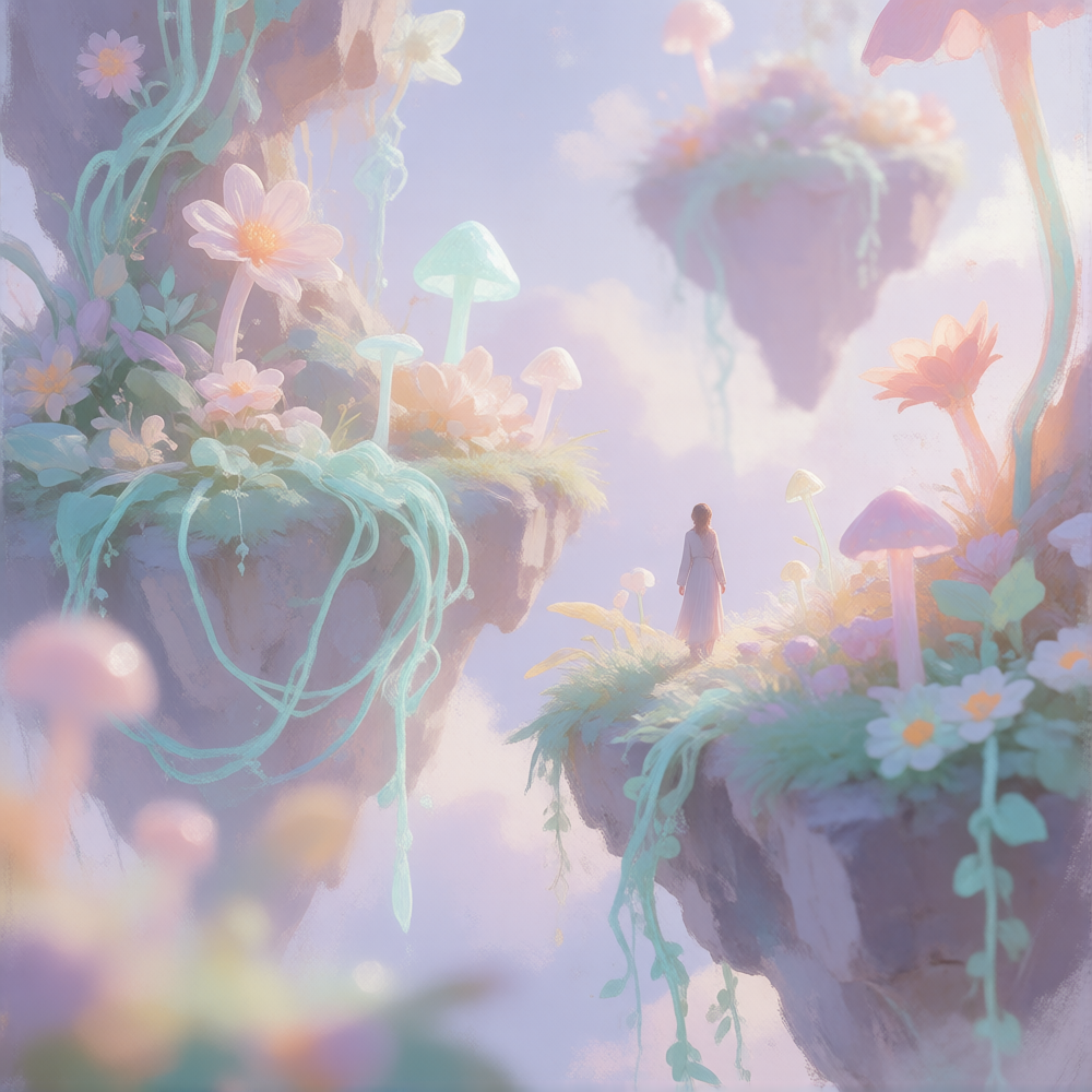A surreal landscape with floating islands, bathed in soft, ethereal light, pastel colors, whimsical flora, a lone figure in the distance, dream-like quality, very shallow depth of field, soft focus, painterly.