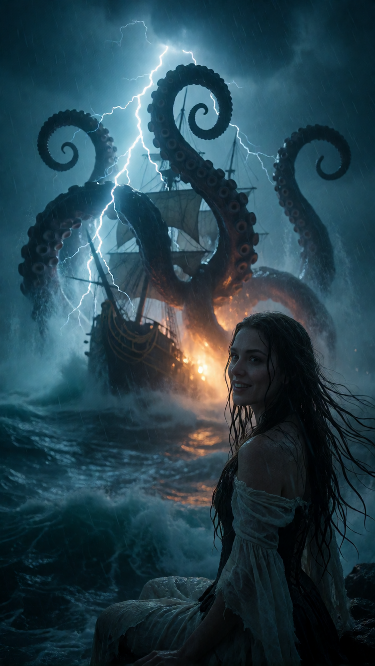 A dramatic, tempestuous scene of a colossal Kraken rising from a stormy ocean to claim a galleon ship. The sea monster's tentacles are slick, massive,