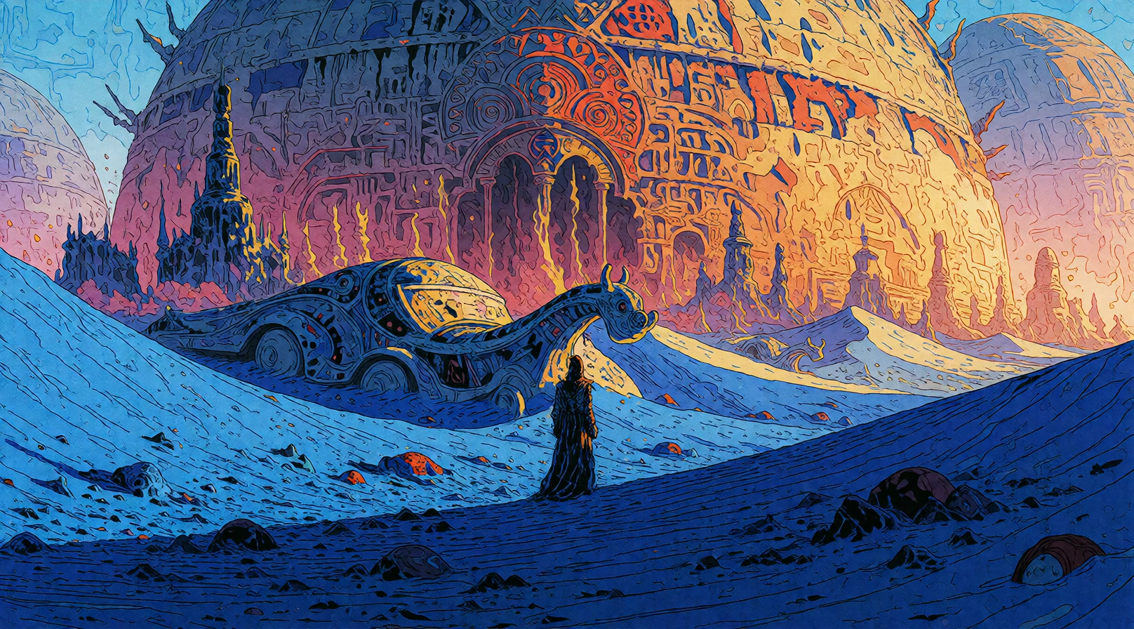 16:9 high-grade illustration, Mirrorize V4 locked into a pure 1970s Métal Hurlant era look 1:1, raw avant-garde hand-drawn animation energy, bold imperfect black ink lines with aggressive pressure, massive dense detail, feels like a high-end animatio