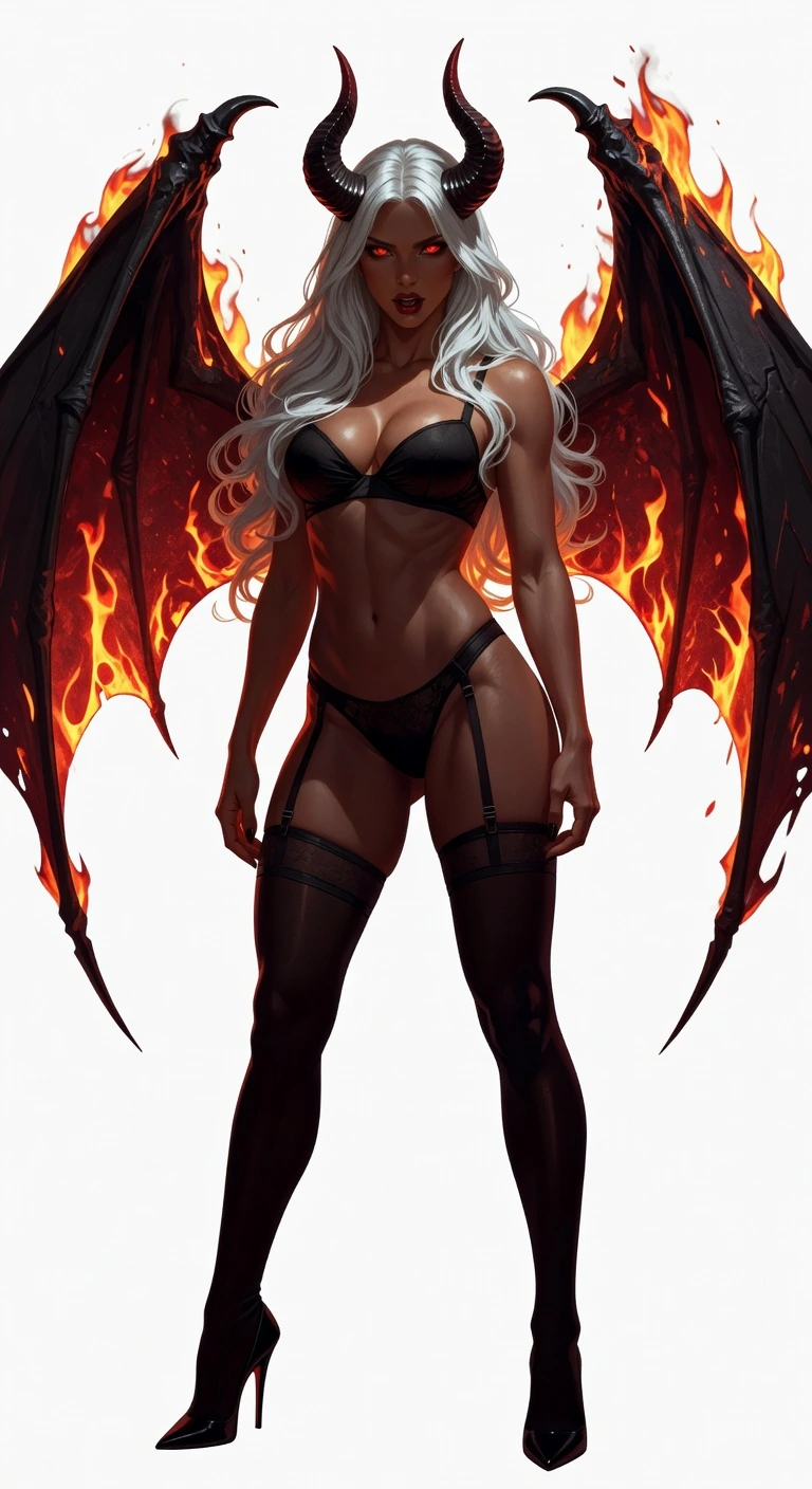 a highly detailed, digital illustration depicting a demon-like female fitness model character with a striking appearance, she has a slender, toned body and long, wavy white hair that cascades over her shoulders, her eyes are a deep, piercing red, add