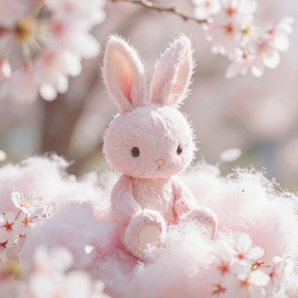 A plush pastel pink bunny figurine sitting among soft cotton candy clouds and delicate cherry blossoms, shot with dreamy bokeh lighting