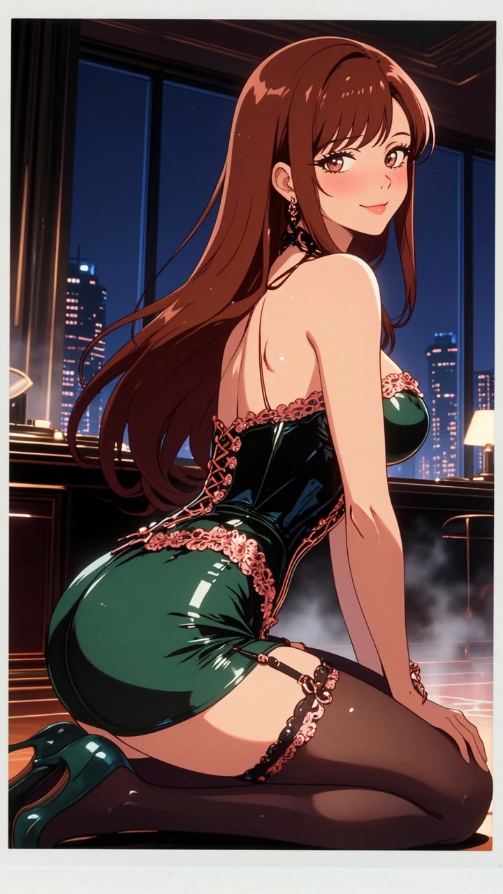 Masterpiece, best quality, ultra-detailed 8K 3D anime illustration, seductive yet warm cinematic lighting. Sophia Vale expressing gratitude: beautiful mature elegant woman with long flowing chestnut-brown hair, warm seductive hazel eyes, soft gratefu