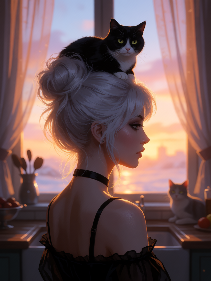 Good morning woman, platinum messy bun hair with a cat, beautiful sunrise, filtered light, elegant kitchen scene, surreal with a hint of Goth