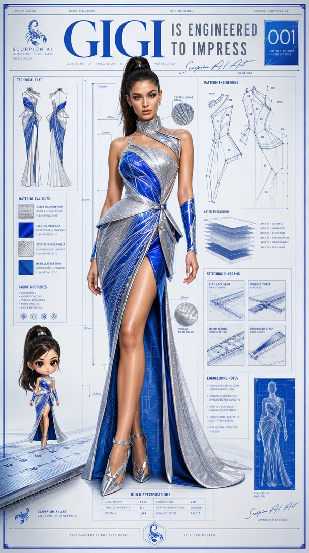 Hyper-realistic luxury fashion campaign poster designed as a giant architectural blueprint. A stylish gorgeous brunette with high ponytail model wearing an avant-garde couture outfit stands confidently at the center. Around her are technical fashion 