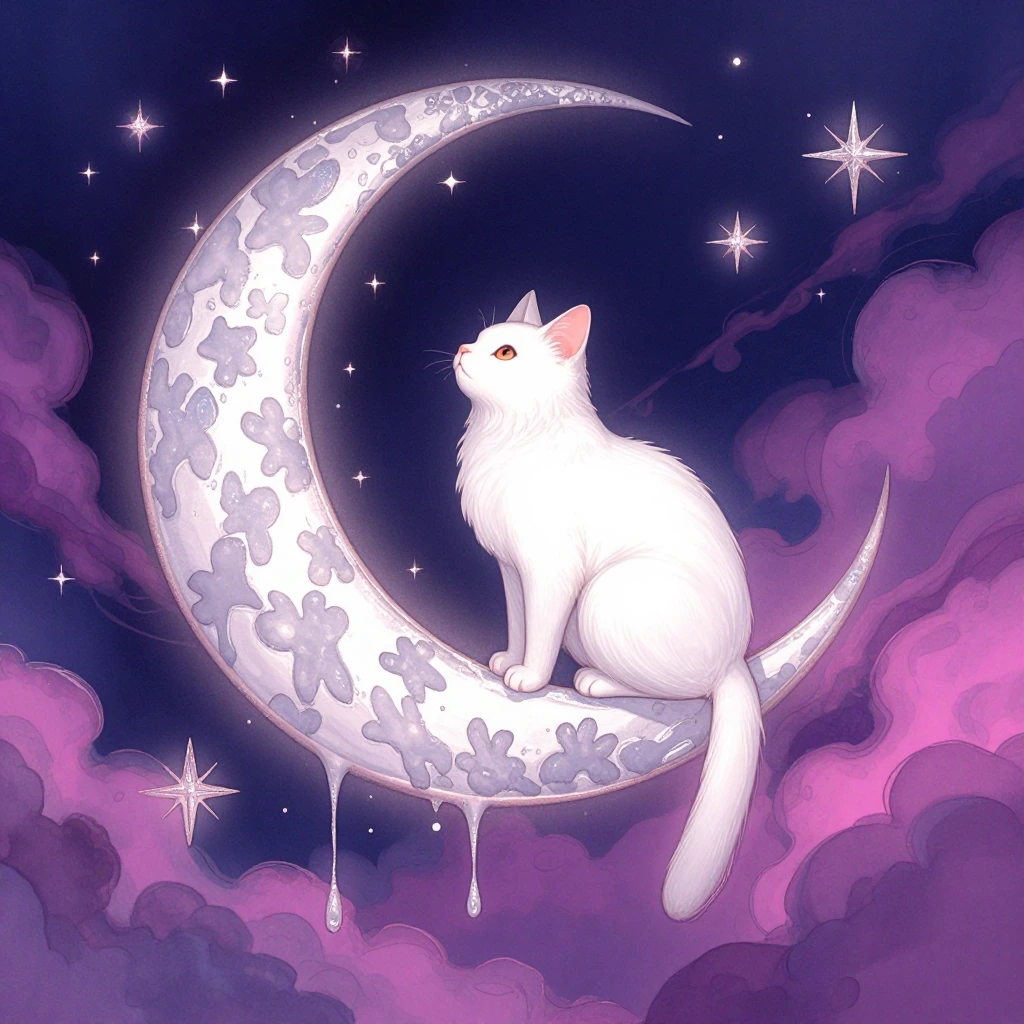 A mystical white cat perched on a crescent moon that's melting like watercolor, surrounded by kaleidoscopic stars and vapor-like clouds in shades of indigo, magenta, and silver with a soft-focus, hallucinogenic aesthetic.
