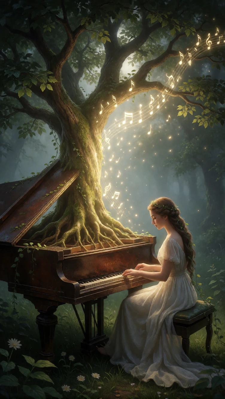 A surreal, beautiful conceptual artwork: An ancient grand piano, its keys yellowed with time, sits in a misty forest clearing. A massive, luminous tre