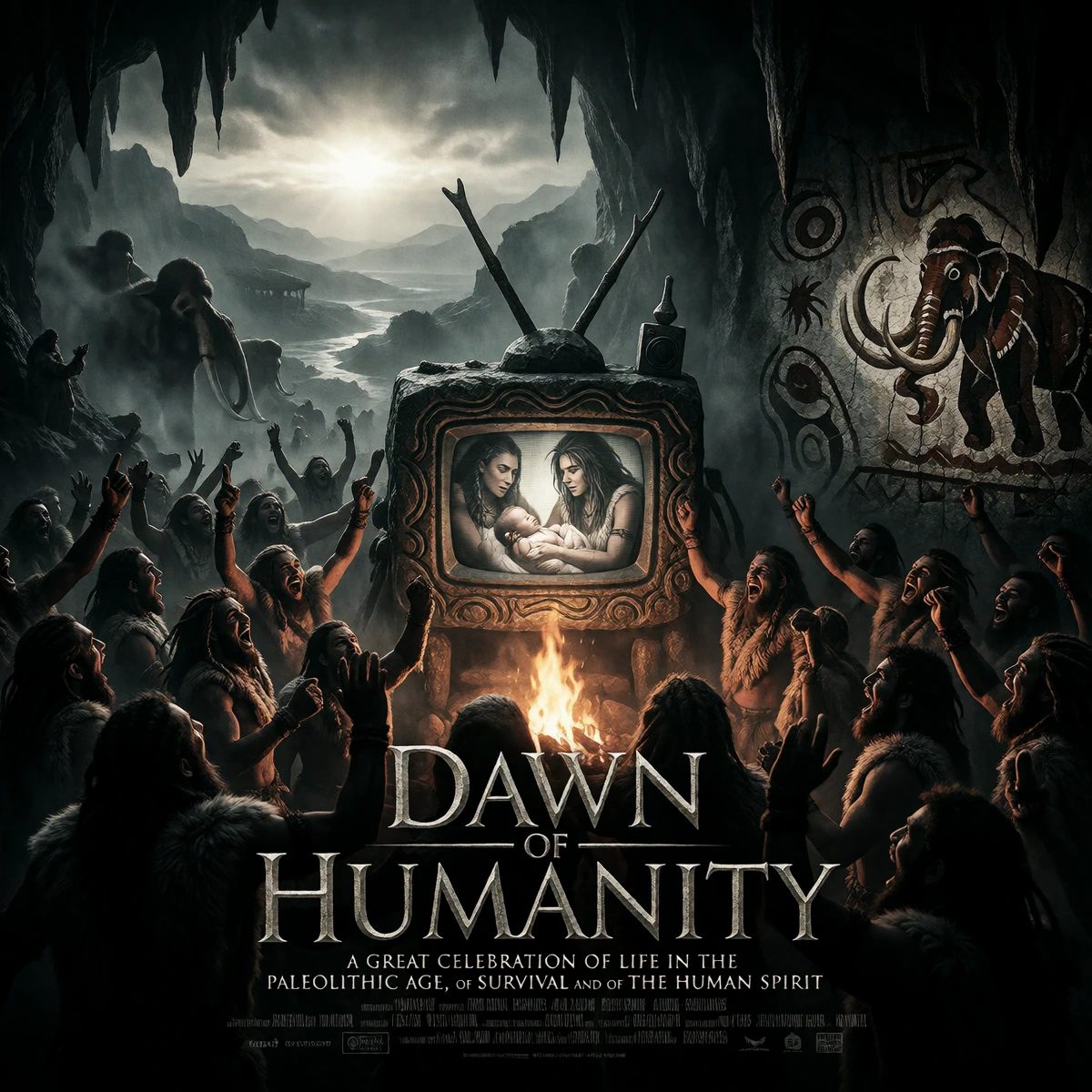 Vertical-format cinema poster for the film ‘DAWN OF HUMANITY: A GREAT CELEBRATION OF LIFE IN THE PALEOLITHIC AGE, OF SURVIVAL AND OF THE HUMAN SPIRIT’