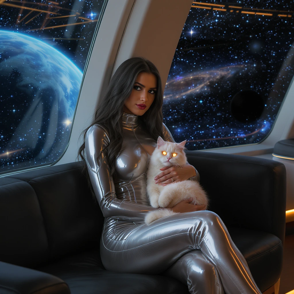 Closeup Beautiful woman in futuristic jumpsuit with a cat, Beautiful lounge at a space station, ambient light, beautiful view
