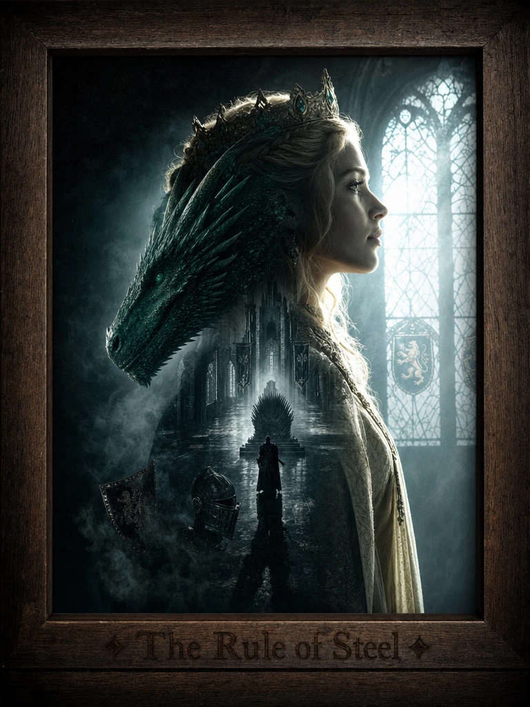 Double Exposure Style; Profile silhouette of a blonde queen in ivory robes gazes toward stained glass light; a emerald dragon's head overlays her shoulder in double exposure. Medieval throne room bleeds through her figure—obsidian shield and helmet f