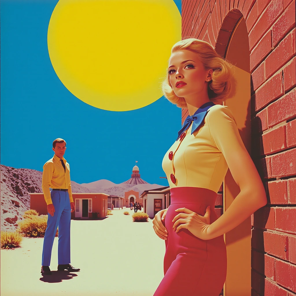 Mid-century pulp illustration, oil-painted texture. Blonde woman leaning on sunbaked brick doorway; cream cropped blouse with blue bow, red pencil ski