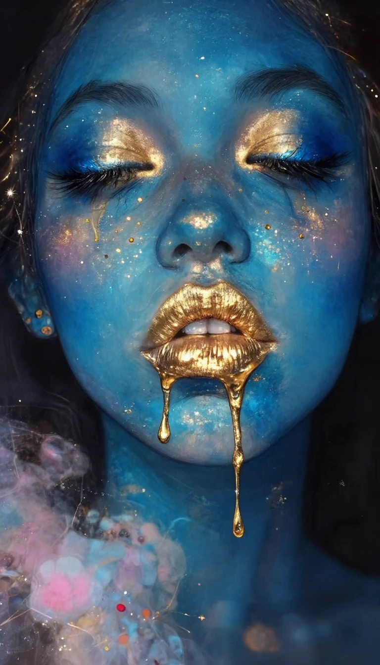 A dramatic close-up beauty shot of metallic gold and blue makeup art. The lips are painted in a metallic gold shimmer with a glossy finish, creating a