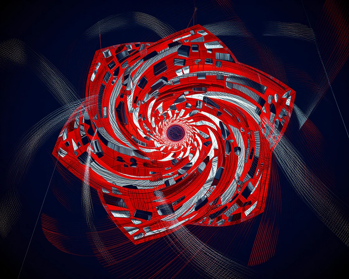 A macro-photographic, hyper-maximalist visualization of an impossible quantum loom suspended in a zero-gravity vacuum. The central structure is an unfolding, non-Euclidean geometric fractal made of highly reflective, crystallized bismuth and thixotro