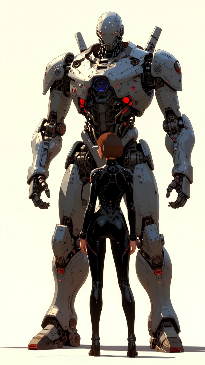 A futuristic sci‑fi character scene with a towering humanoid mech robot standing behind a lone woman, full-body composition, the robot is massive and imposing with sleek matte gray armor plating and glossy helmet-like head, intricate exposed machiner