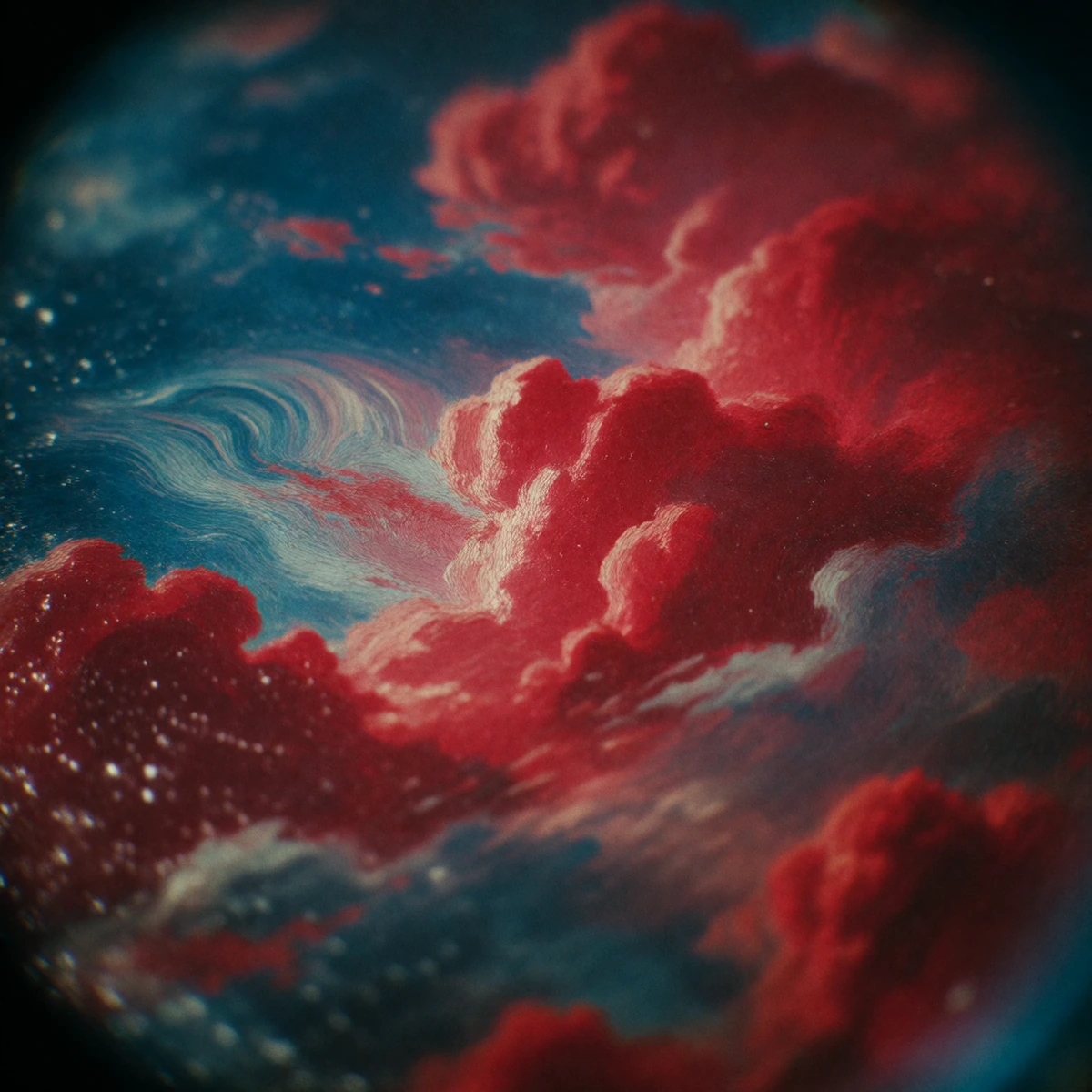 cinematic film still detailed VRay, Long exposure of a A vivid, bold canvas with deep red clouds sits tall in this desolate scene: a bold and melancholic image depicted with intricate detail and bold stroke. The painting features bold colors and deli