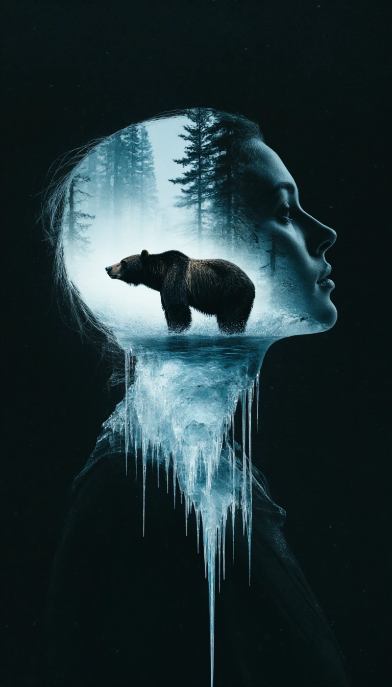A double-exposure portrait of captivating beauty, depicting a woman in profile, merged with a dark, wintry forest. Within the outline of her face stands a majestic grizzly bear in a torrent. The style is that of a dark-toned black-and-white art photo