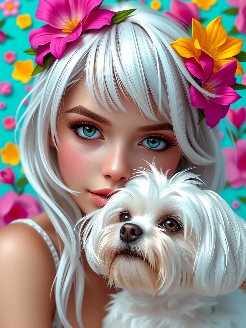 Woman with beautiful flowers in her hair, platinum hair, with a Maltese dog, colorful background