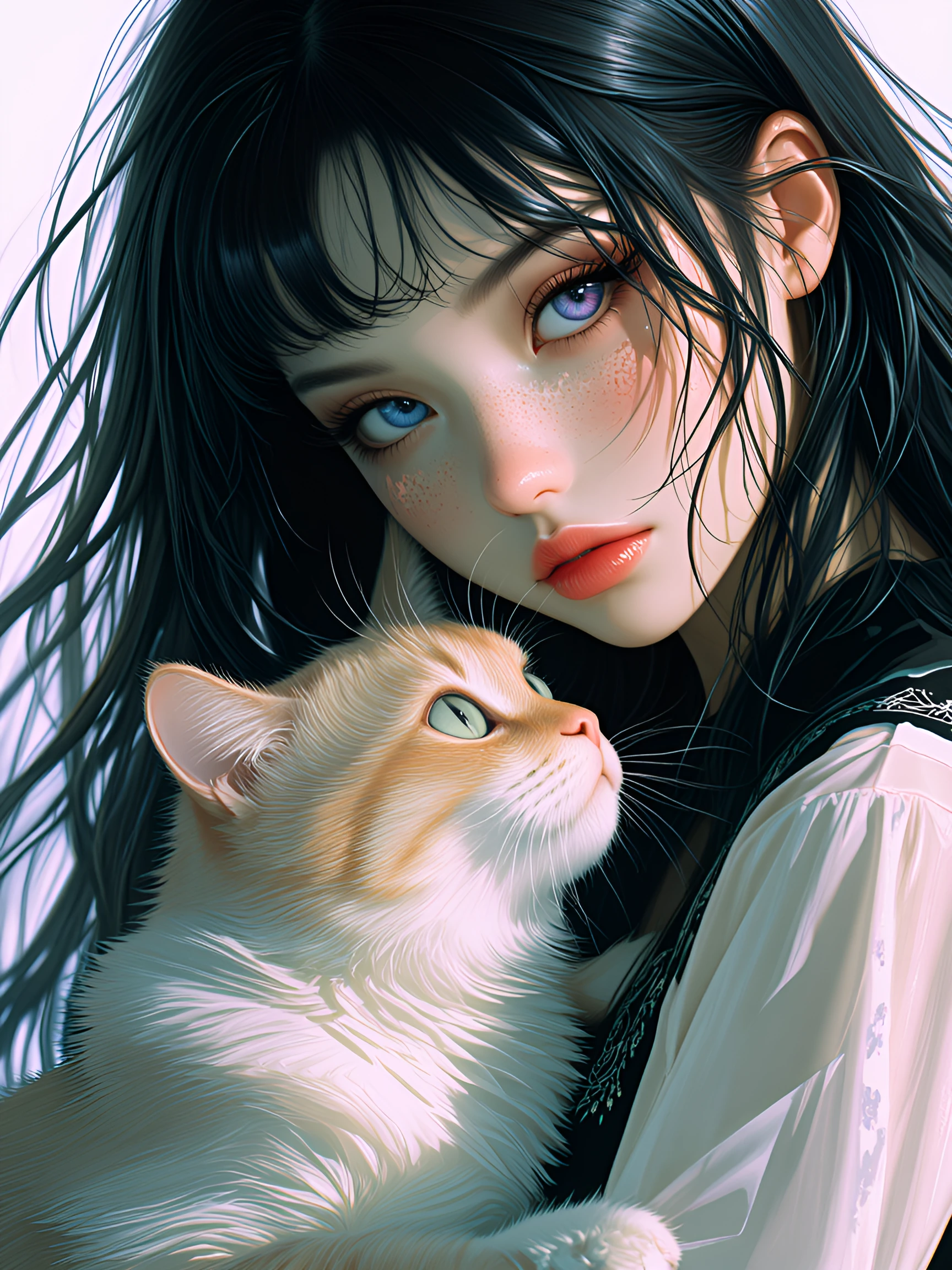 Surreal Dreamcore style. Pastel goth woman and her fluffy cat