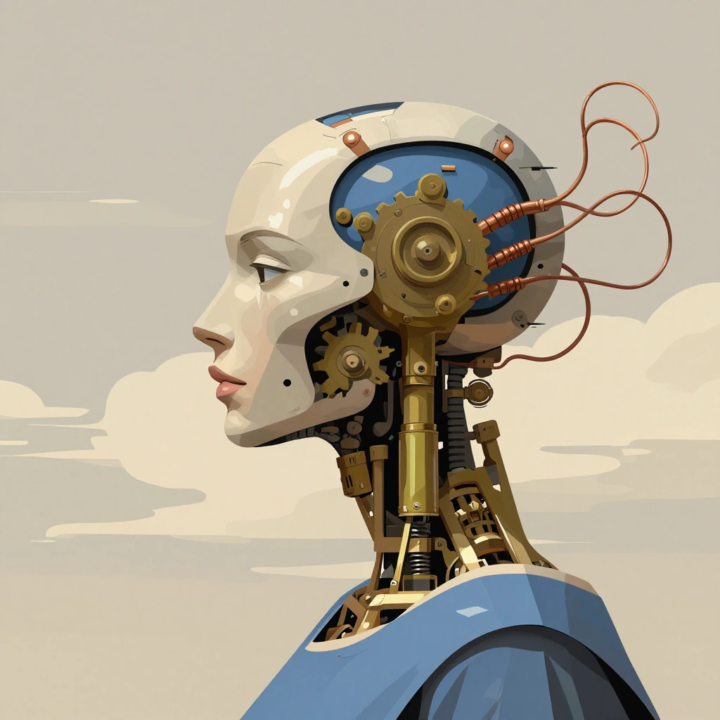 This striking artwork depicts a mechanical android head in profile against a serene, clouded sky. The figure's pale, sculpted face contrasts sharply with exposed brass machinery and blue-painted mechanisms visible within the cranium. Copper wires and