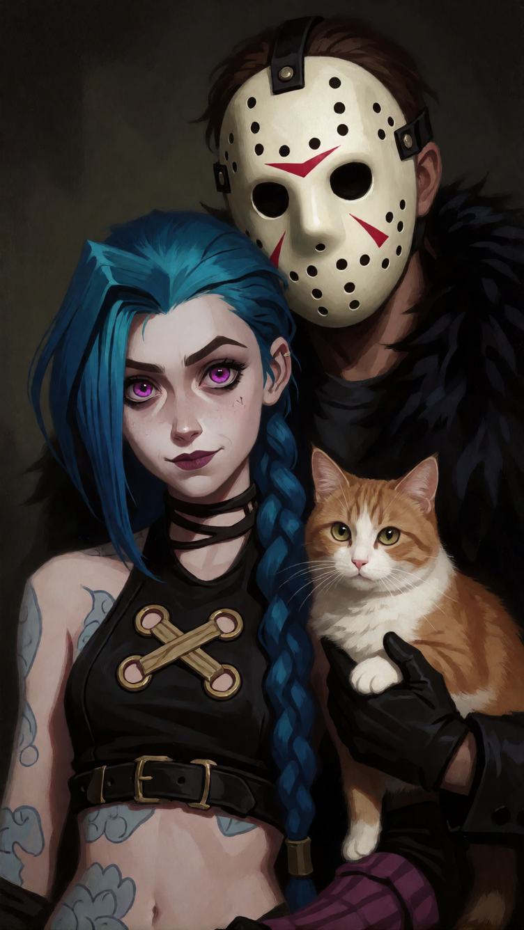 Jinx and Jason Voohrees in his hockey mask, with a cat, elegant gothic , oil painting