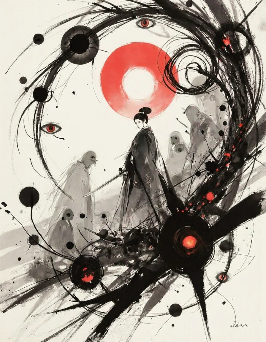 A visually striking illustration depicting a central figure resembling a serene warrior, dressed in traditional garb, wielding a sword. This character is framed by an array of otherworldly entities, including ghostly figures with exaggerated features