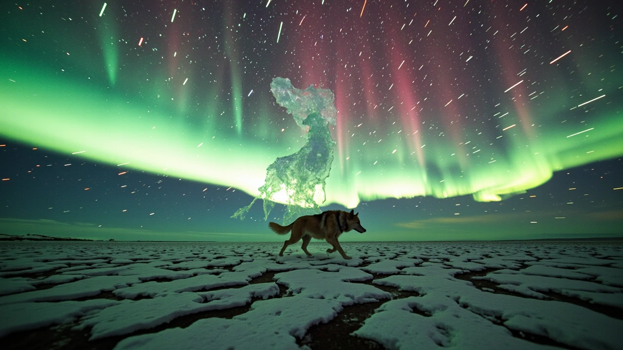 Icy plains at night with ghostly wolf shaped aurora running through a flurry of shooting stars at night