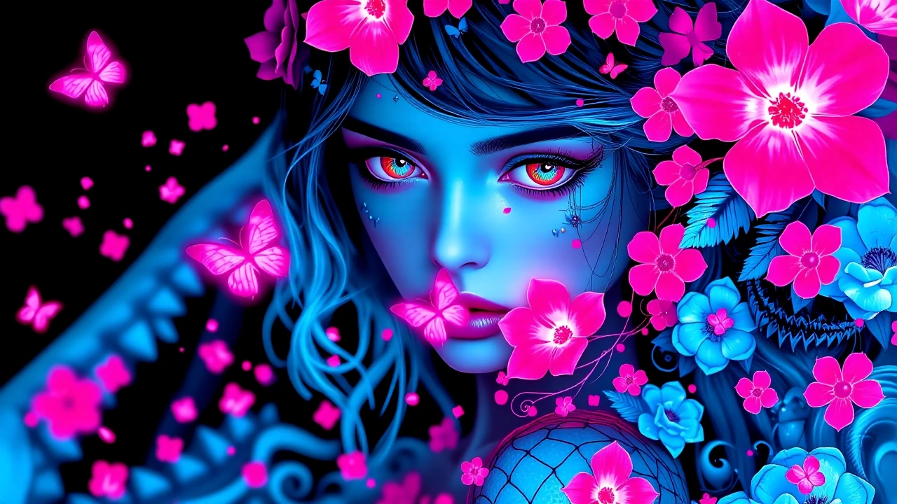 (masterpiece), best quality, expressive eyes, perfect face, maximalism artstyle, neon theme, suprematism, hyper detailed, beautiful detailed flower, flower and hair are same color, her hair is becoming flower, flower, hair, butterfly, 1girl kawaii, h