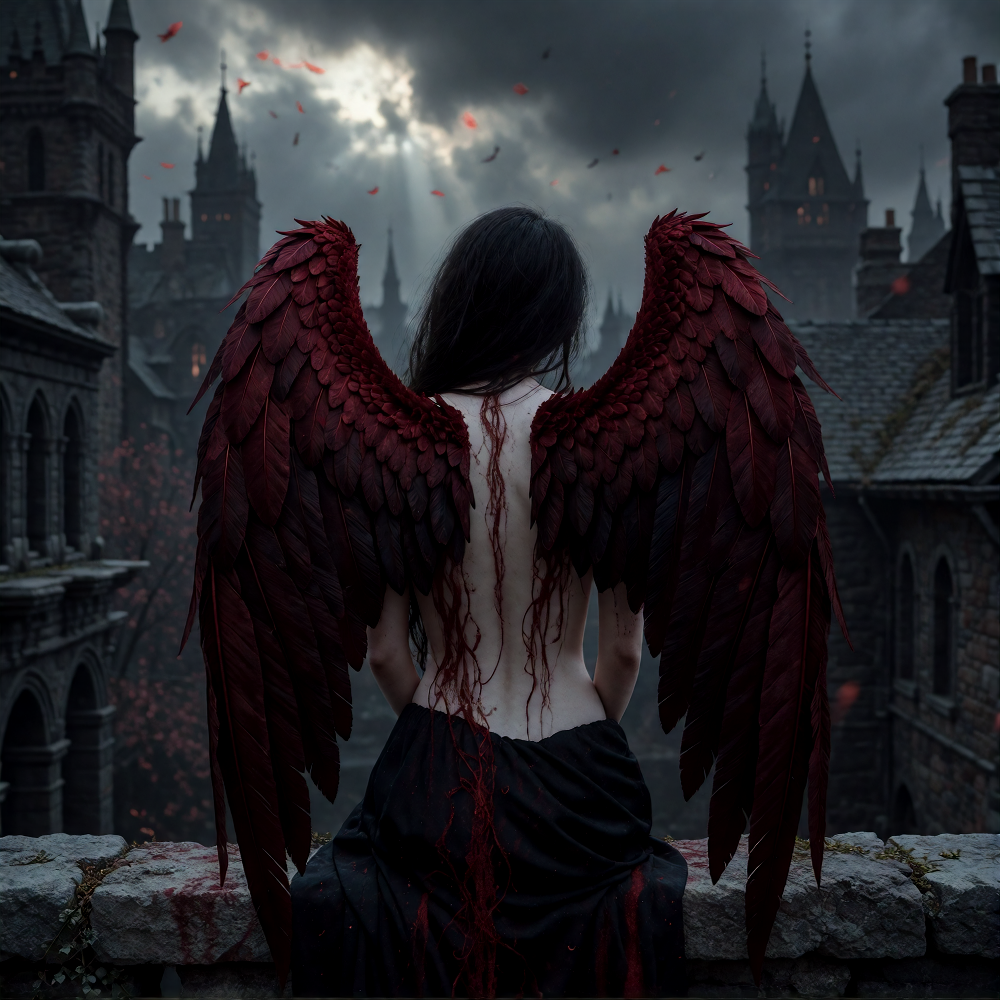 pale skinned angel woman sitting, viewed from behind, dark red wings, old gothic city backdrop, dramatic lighting, stone architecture, moody atmospher