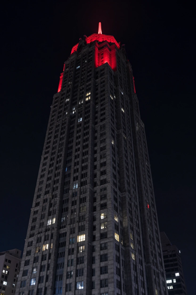masterpiece, best quality, very awa, absurdres, newest, very aesthetic, absolutely eye-catching, intricate details, tall building, very tall building, grand scale, modern city, view from below, window shadow, one lit up window, grey, dark, red light,