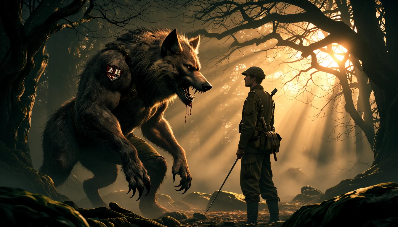 A battle-scarred werewolf with matted fur and tattered Nazi-esque insignia stands snarling in a foggy European forest at dawn, its claws dripping with blood as it confronts a resolute British commando in a mud-splattered uniform who stands firm with