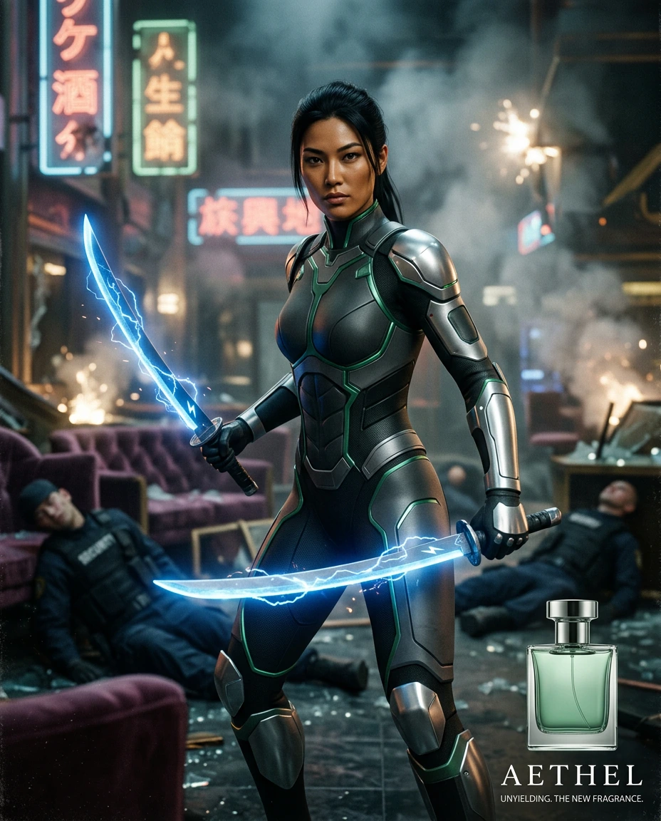 Violent Cyber-punk Perfume Advert: A 7ft tall raven haired tan skinned Oriental Woman, clad in a form-fitting tactical nano-armour suit themed in jade & silver carrying crackling electric blue curved swords with lightning bolt symbols upon their blad