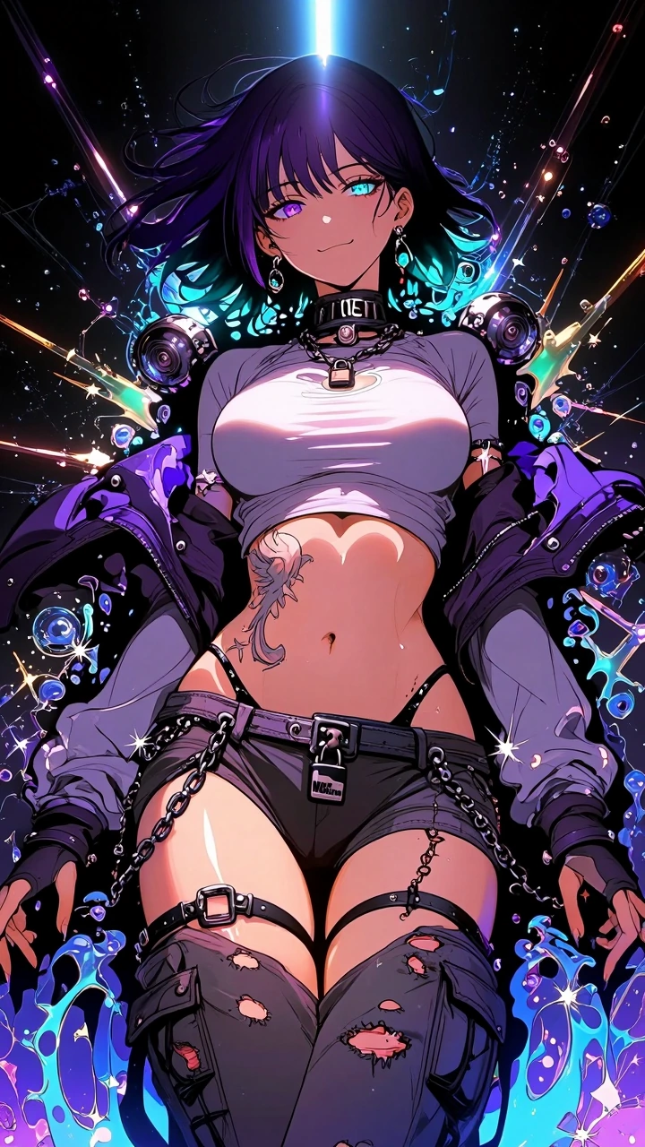 Masterpiece, best quality, ultra-detailed 8K anime illustration. Rory Phoenix in a grungy skater girl outfit: tight gray long-sleeve crop top, extremely low-rise ripped gray cargo pants with lots of tears and chains, black thong peeking out. Short me