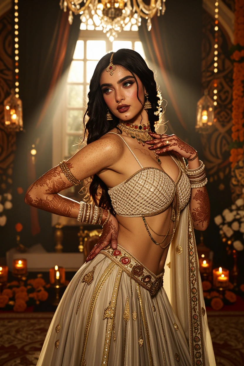Dramatic cinematic medium shot view of an alluring young woman with beautiful dusky glowing skin covered in thousands of warm cinnamon freckles across her face, shoulders, chest, and arms. She stands gracefully at a luxurious Indian wedding in an opu