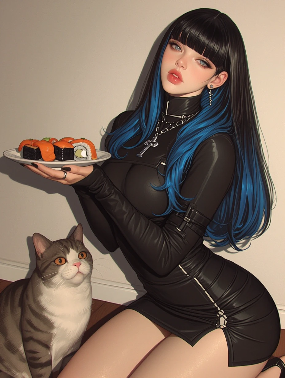 Woman, long black blue hair with bangs, side-slit minidress, holding a plate of sushi, cat nearby.
