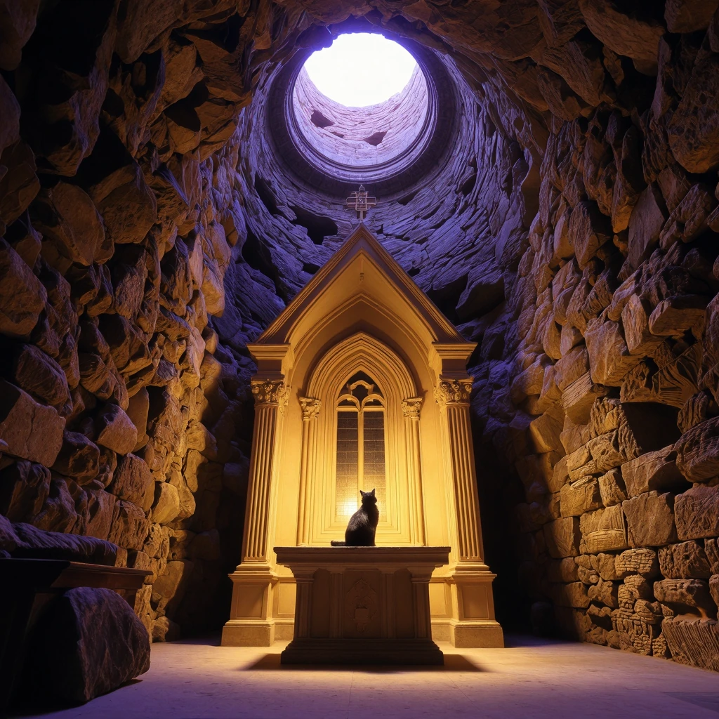 A surreal chapel nestled at the bottom of a deep stone well, bathed in otherworldly golden and violet light, with a black cat sitting on the altar gazing upward toward the distant circular opening of sky above