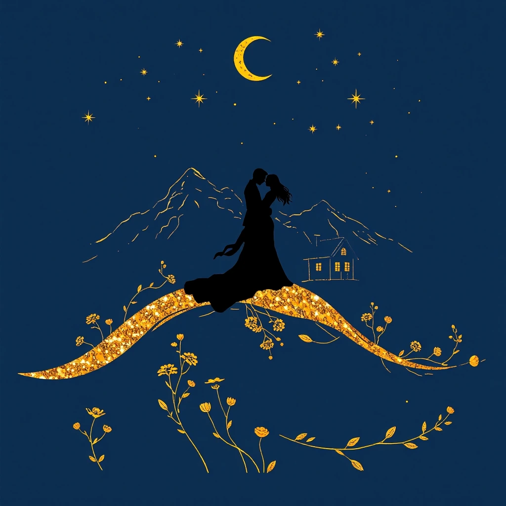 A minimalist artistic illustration set against a deep navy blue background. The central focus is a black silhouette of a couple embracing and kissing,