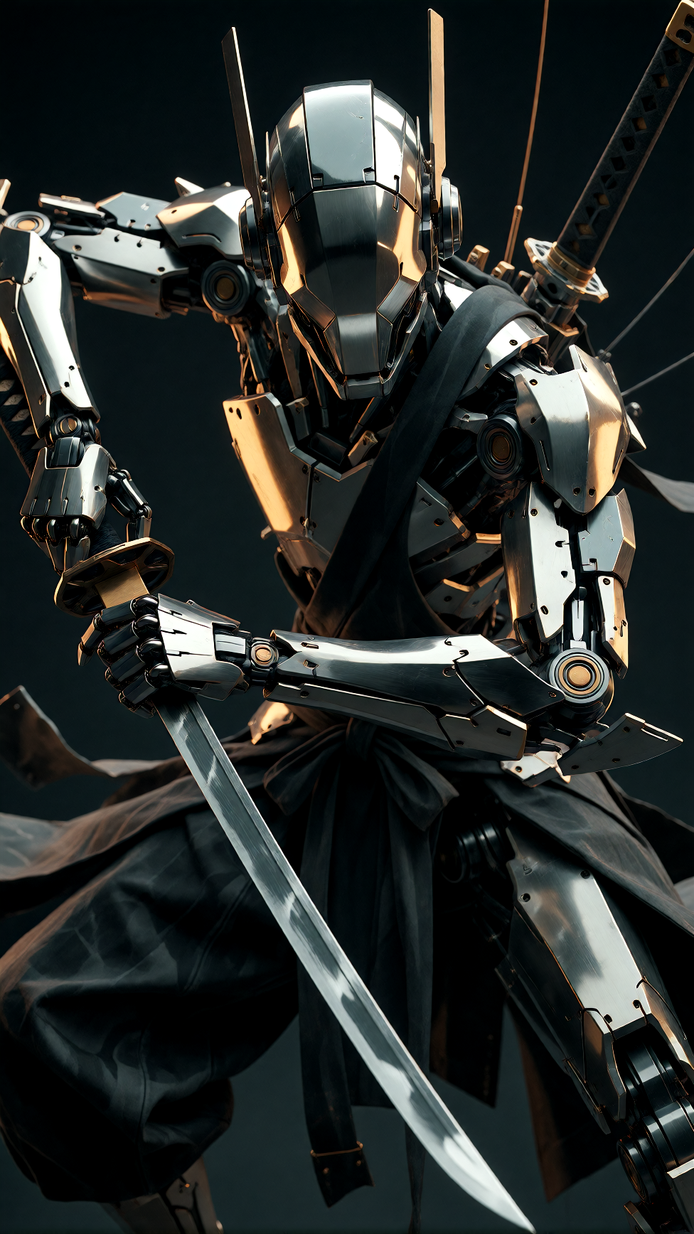 { "background": { "elements": "minimalist, no distractions from the subject", "environment": "abstract, dark gradient, focusing attention on the figure" }, "colors": { "dominant": "black and metallic silver", "highlights": "reflective surfaces enhanc