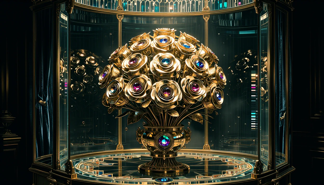 A bouquet of roses intricately crafted from polished gold and shimmering gemstones gleams softly in a royal treasure vault, surrounded by velvet-lined walls and crystal display cases, with warm ambient lighting casting dazzling reflections through ru