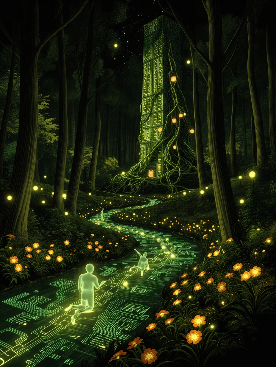 Somewhere in a luminous forest of circuit board trees, each leaf pulses with the colors of cryptocurrency. A serenading brook bubbles backward, tracin