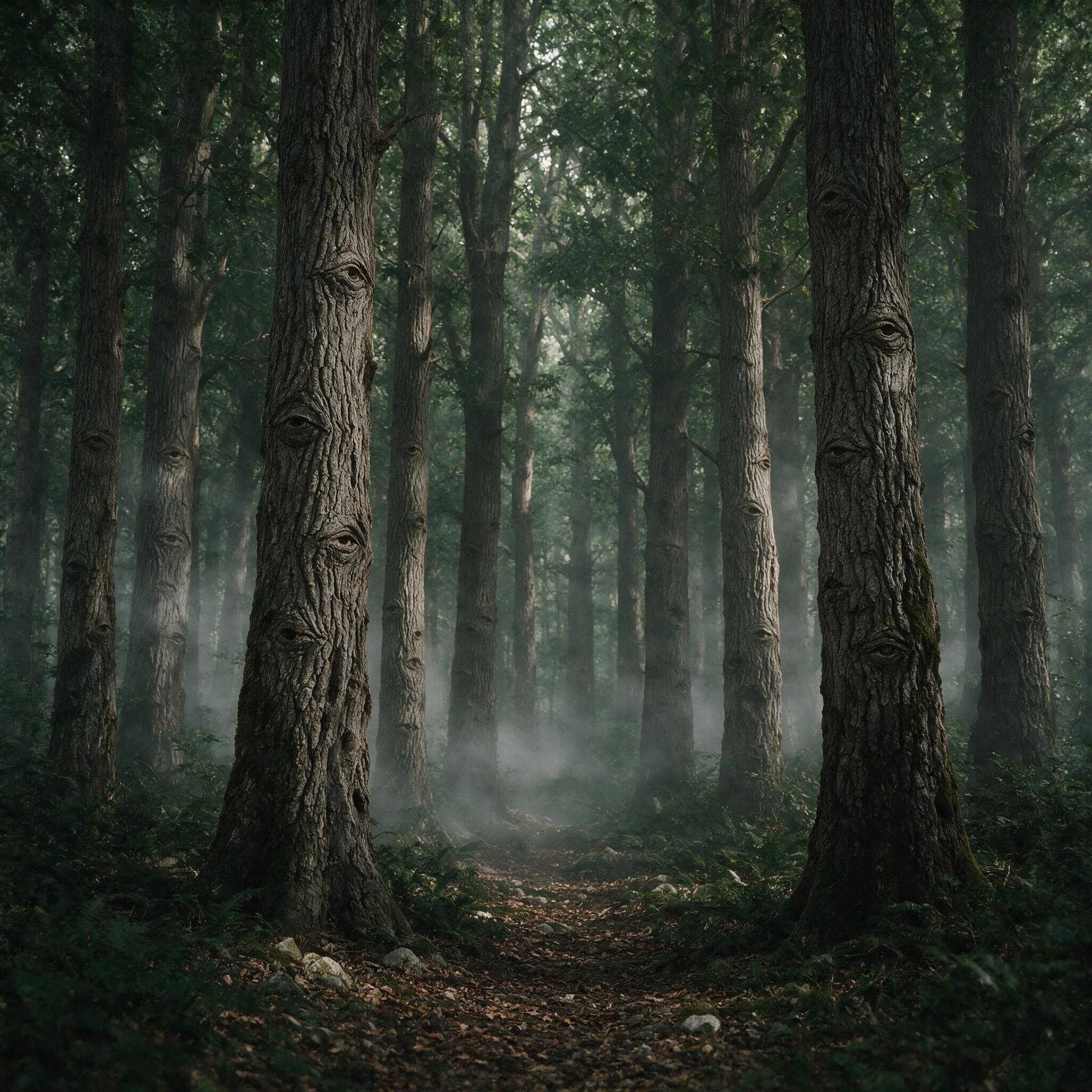 Every tree trunk has subtle eye-like bark patterns—not actual eyes, just enough that when you step back, the entire forest feels like one enormous face watching you. Not horror. Just deeply unsettling.