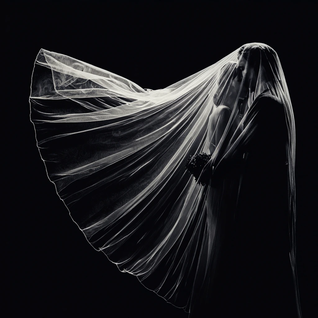 High-contrast black-and-white fine art photograph of a bride and groom in an intimate embrace, isolated against a deep black void. The composition is 