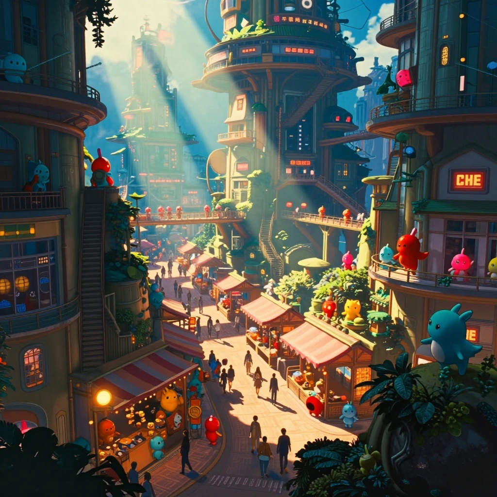 anime digital cityscape painting, vibrant colors An multi-tiered, vertical, ultra-modern fantasy city populated by adorable creatures, viewed from street level. There is a vibrant marketplace on the streets, and there are walkways and stairs up above