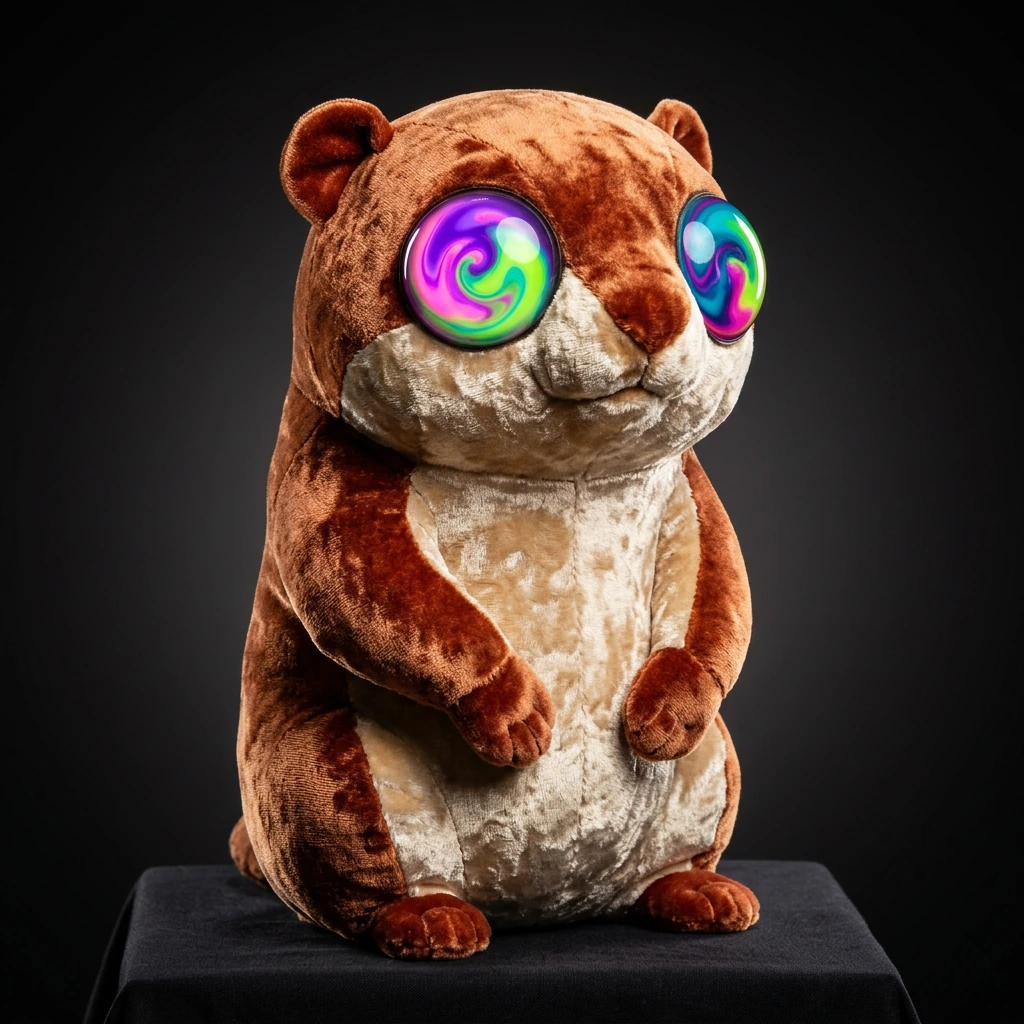 Woodchuck rendered as plush velvet taxidermy, sitting upright with alert posture, fur in warm russet and cream with soft directional lighting creating depth. Eyes: two massive spheres of swirling neon—electric violet bleeding into acidic lime, hot pi