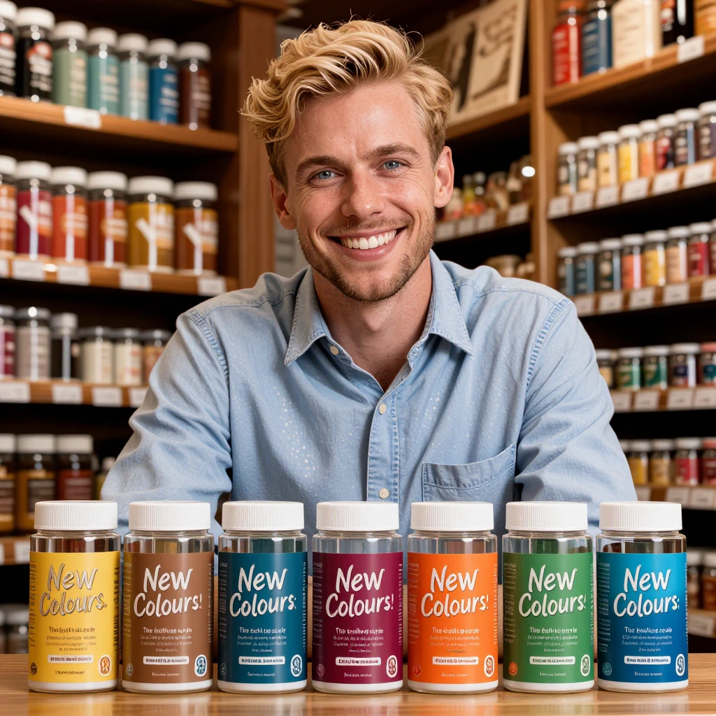 the taste of a colour you invented: Photorealistic Polished Handsome blonde salesman marketing "New Colours!" That's right new colours to the spectrum. "The colours may look the same as existing colours but they taste different!" You can even invent 