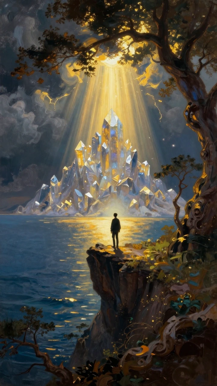 Lone traveler silhouetted on a cliff edge gazing at a distant crystal mountain suffused with golden divine light, rays piercing storm clouds above a luminous sea below, ancient gnarled trees framing the scene, shot as a Caspar David Friedrich paintin