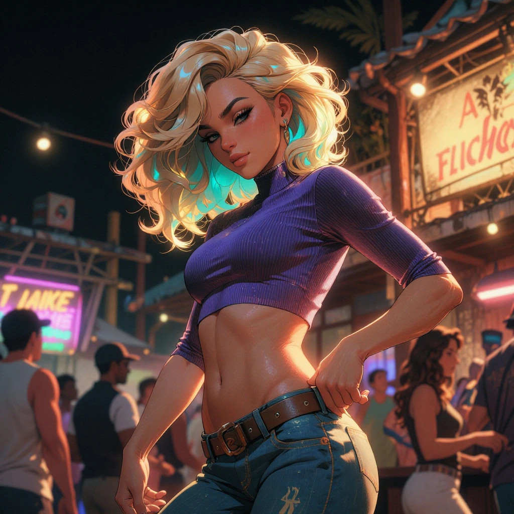alexis sterling dancing at an outdoor country club at night, tan blonde hair with cyan lowlights, cy…