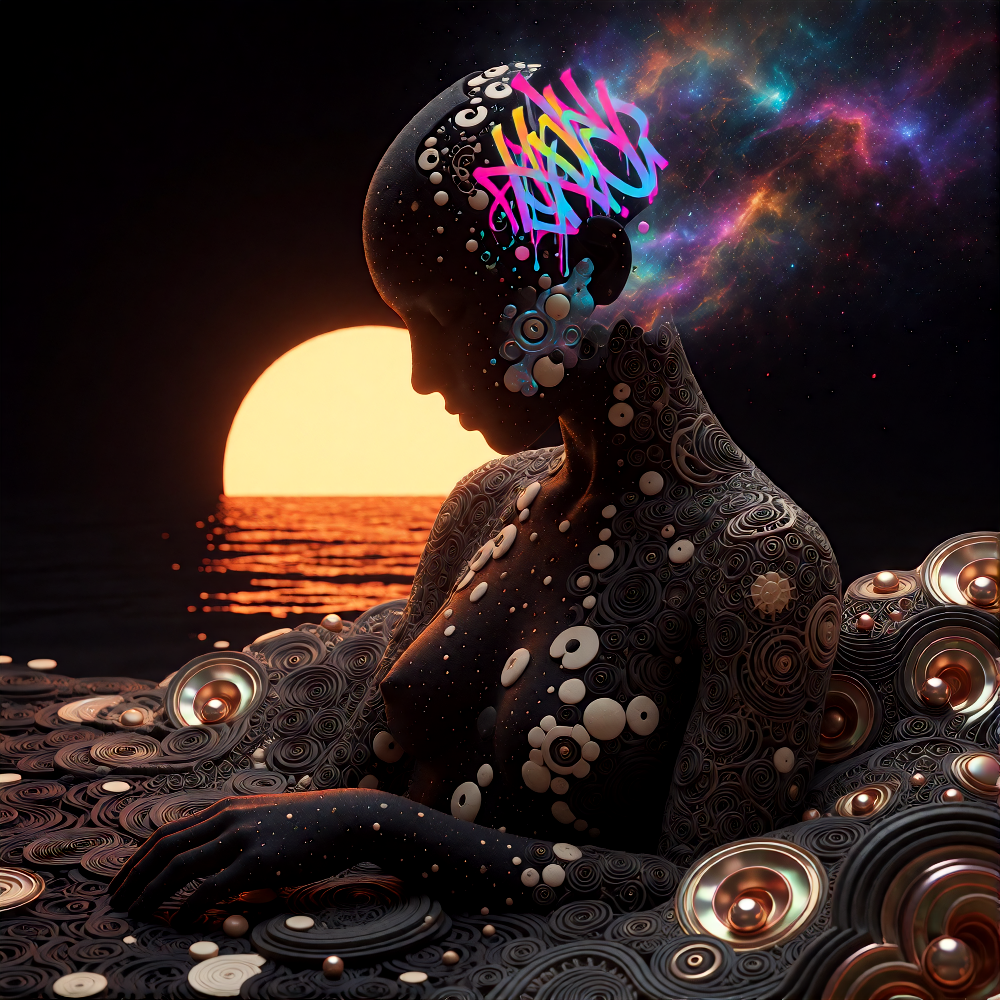 inky silhouette of a fragmented woman with dot-speckled skin,nestled in a mosaic of monochrome and metallix hues,sprouting zentangle limbs on the back