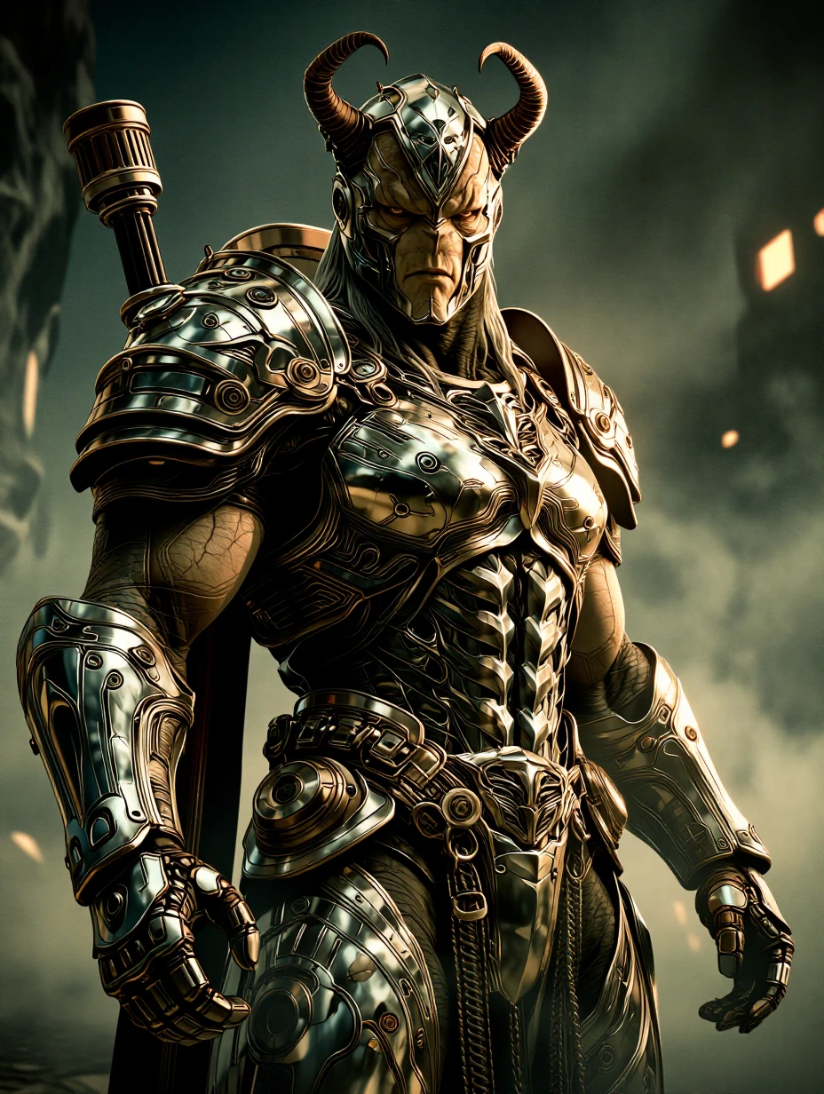 Hyper-muscular Germanic Supervillain with German tech armour and uniquely German magic