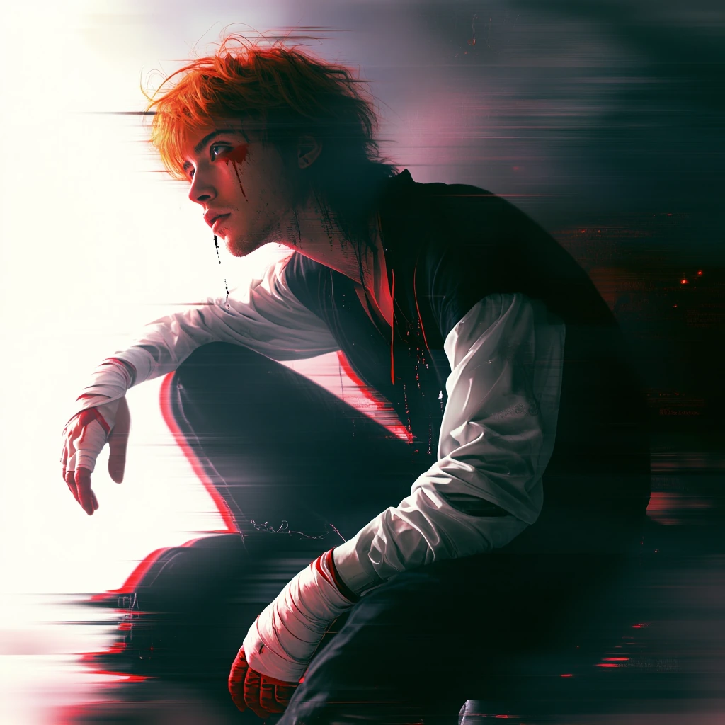 masterpiece, best quality, absurdres, ultra-detailed, intricate details, dramatic lighting, epic composition, cinematic, 1boy, male focus, solo, hazel eyes, sitting, doyagao, orange_hair, dynamic pose, dynamic angle, shirt, pants, stubble, silhouette