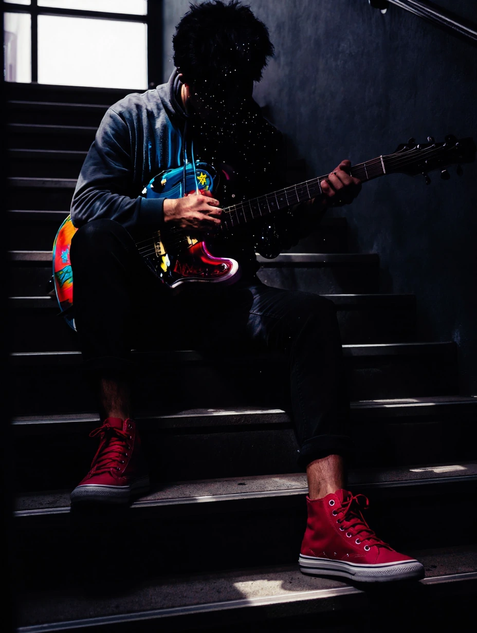 A black-haired male sitting on a staircase holding an electric guitar, dressed in a dark hoodie and black pants with bright red sneakers, soft natural light from a window, low angle perspective, rich contrast between light and shadow, focus on the gu